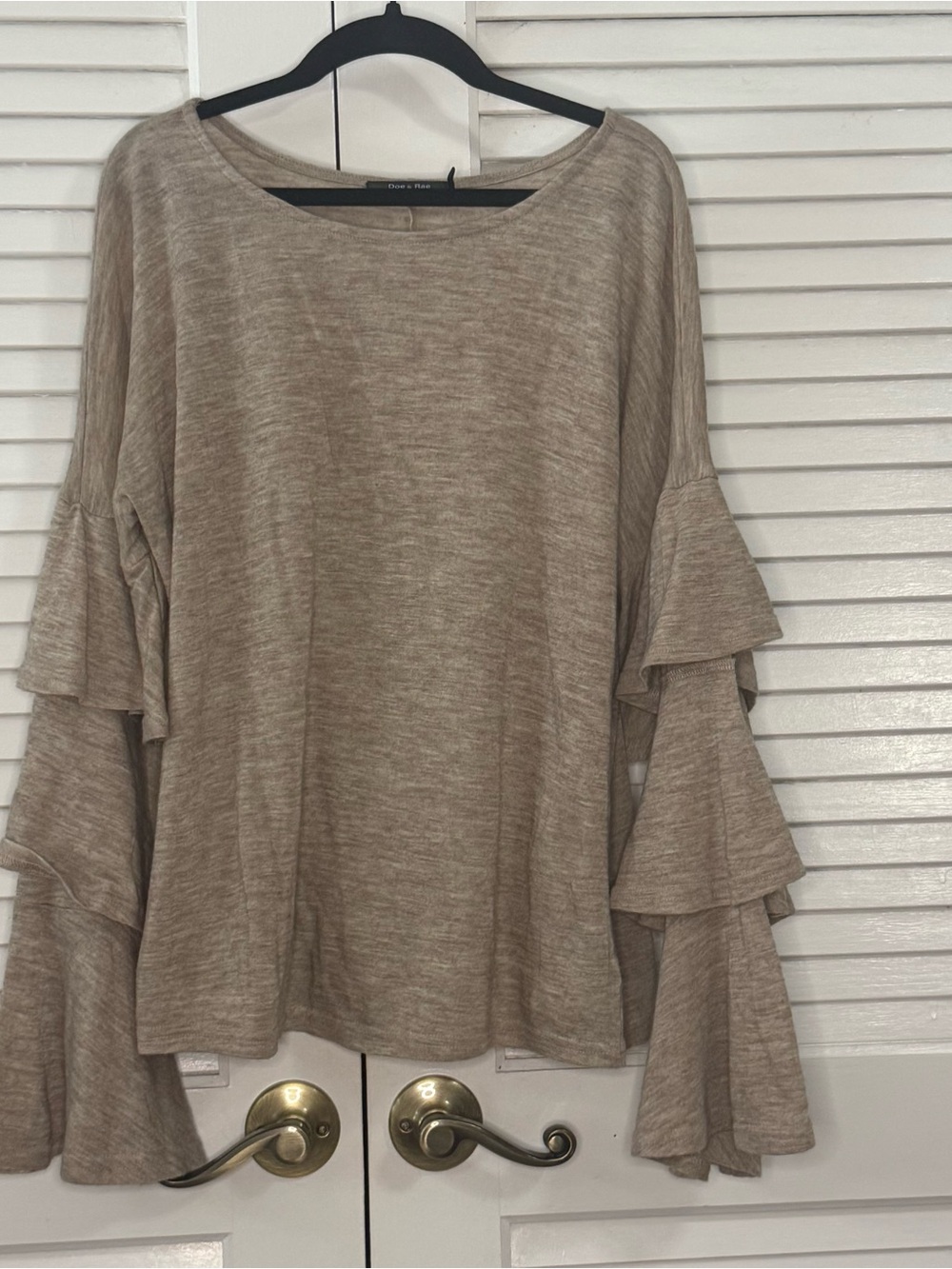 Doe & Rae Taupe Ruffle-Sleeve Long Sleeve Top